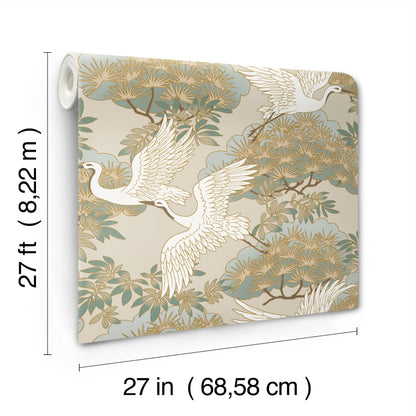 York Wallcoverings Tea Garden II Sprig and Heron Beige Wallpaper Traditional Botanical Beiges   - ZA8009