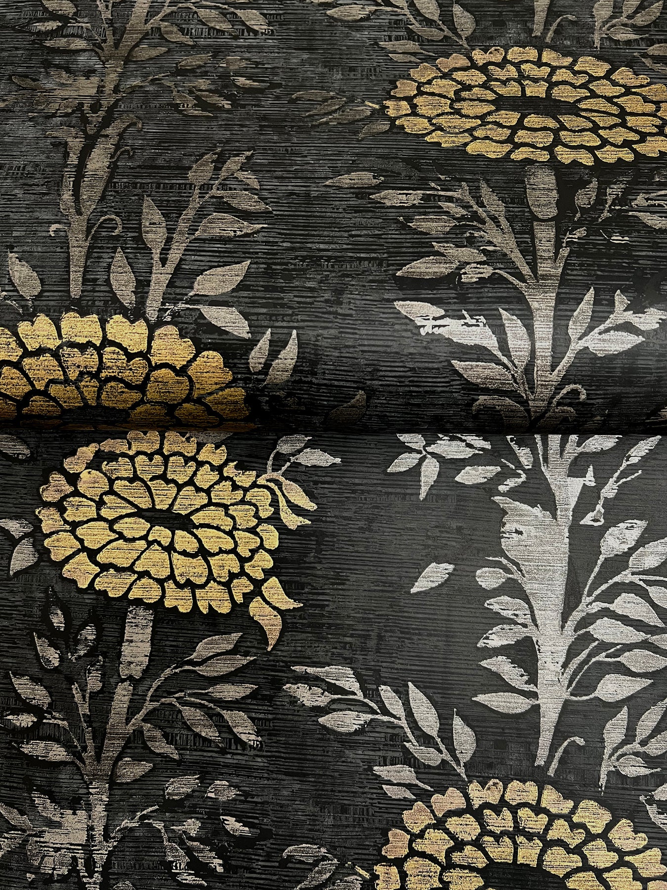 York Wallcoverings Tea Garden II French Marigold Black and Gold Wallpaper Eclectic Florals Blacks   - ZA8017