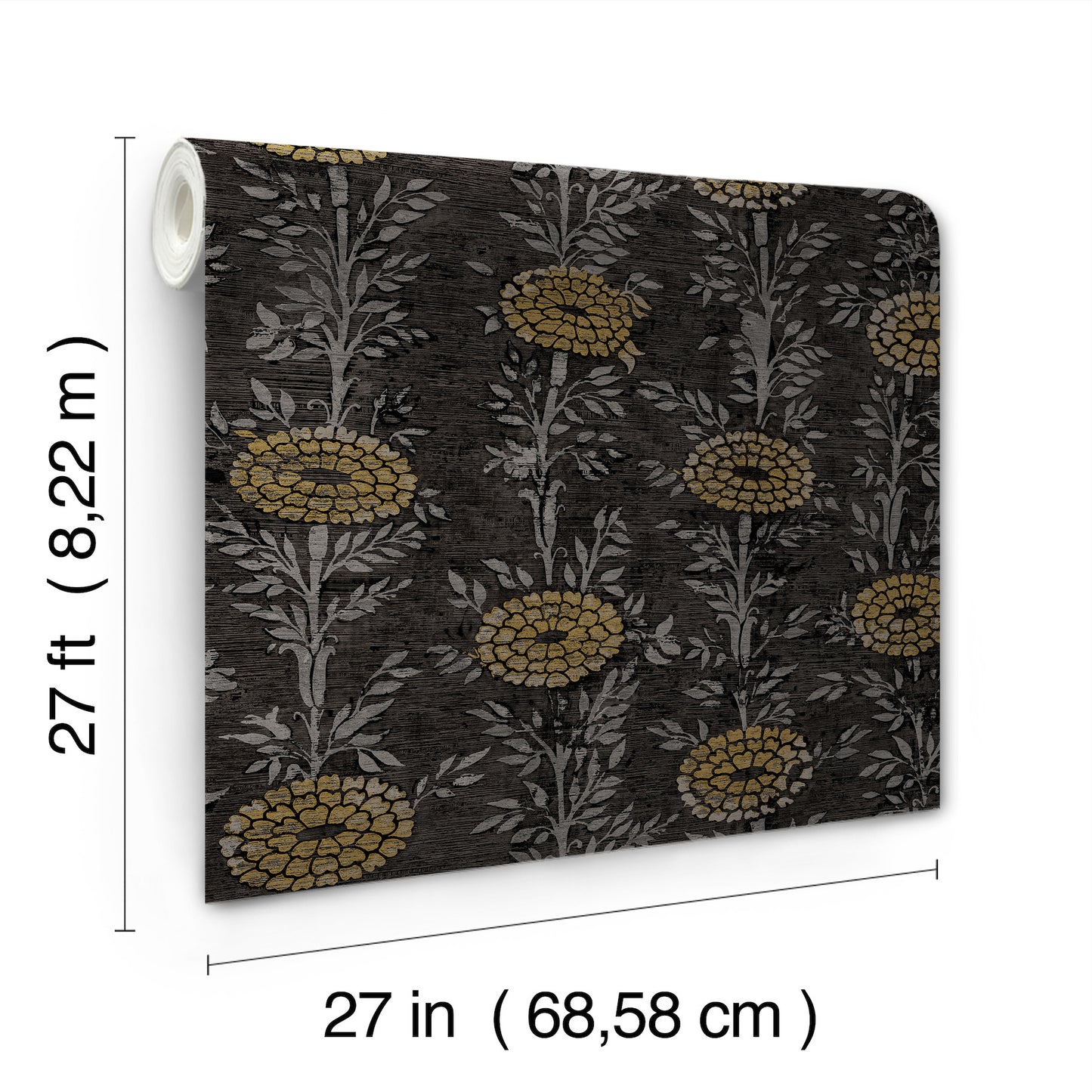 York Wallcoverings Tea Garden II French Marigold Black and Gold Wallpaper Eclectic Florals Blacks   - ZA8017