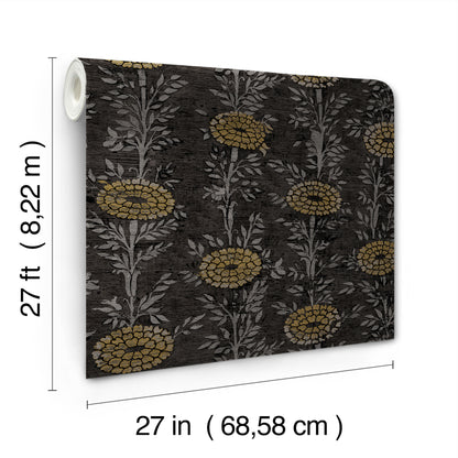 York Wallcoverings Tea Garden II French Marigold Black and Gold Wallpaper Eclectic Florals Blacks   - ZA8017