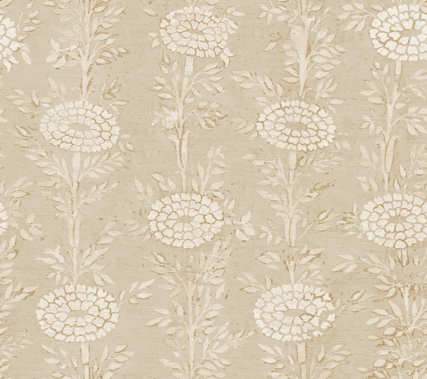 Beige wallpaper with taupe and gold French marigold floral pattern of round blooms along vertical stems.