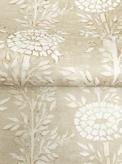 Beige-taupe wallpaper with a gold and brown floral pattern and leafy stems.