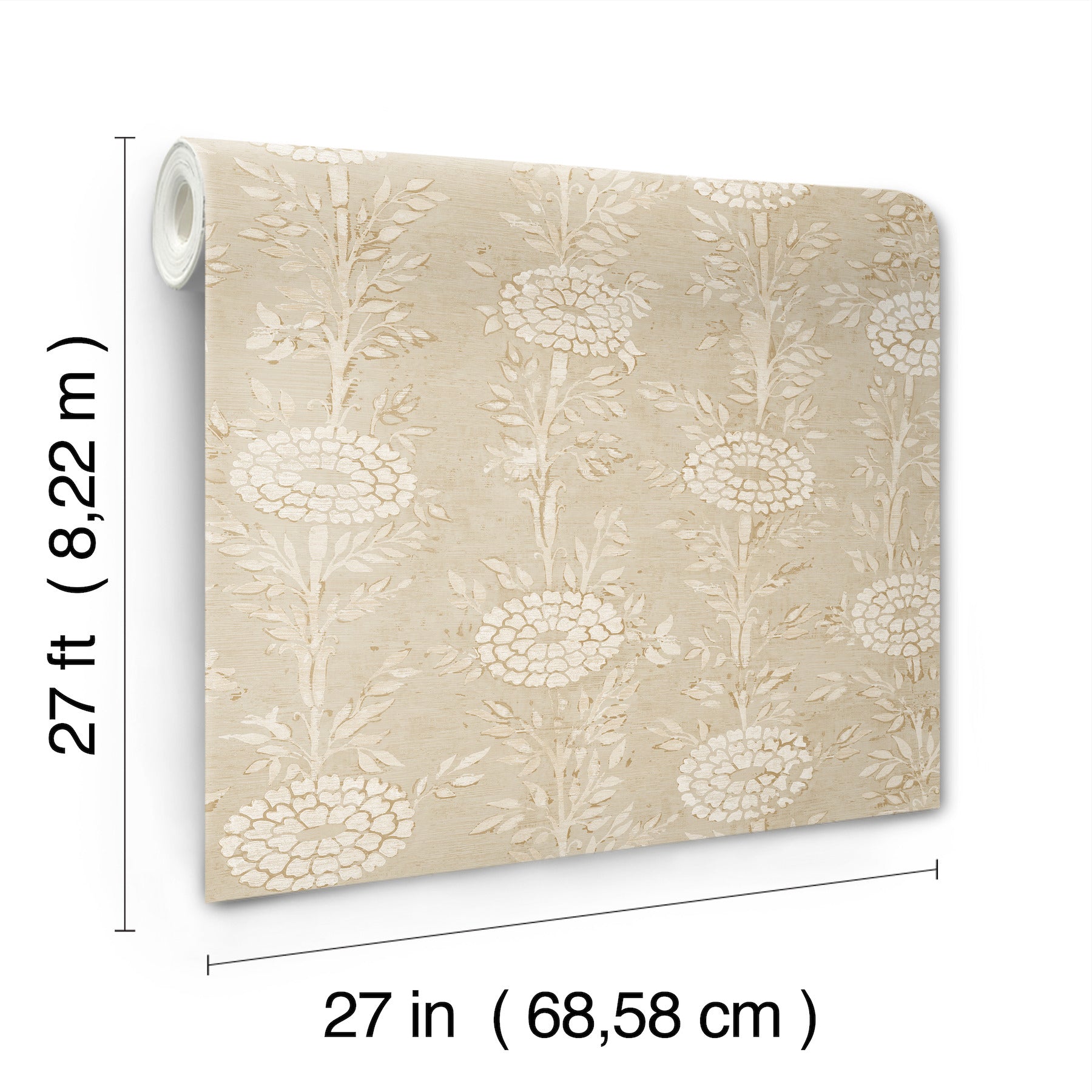Taupe & gold wallpaper with brown embossed floral pattern, rolled sheet, 27 in wide by 27 ft long for walls.
