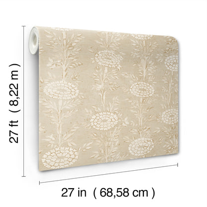 Taupe & gold wallpaper with brown embossed floral pattern, rolled sheet, 27 in wide by 27 ft long for walls.