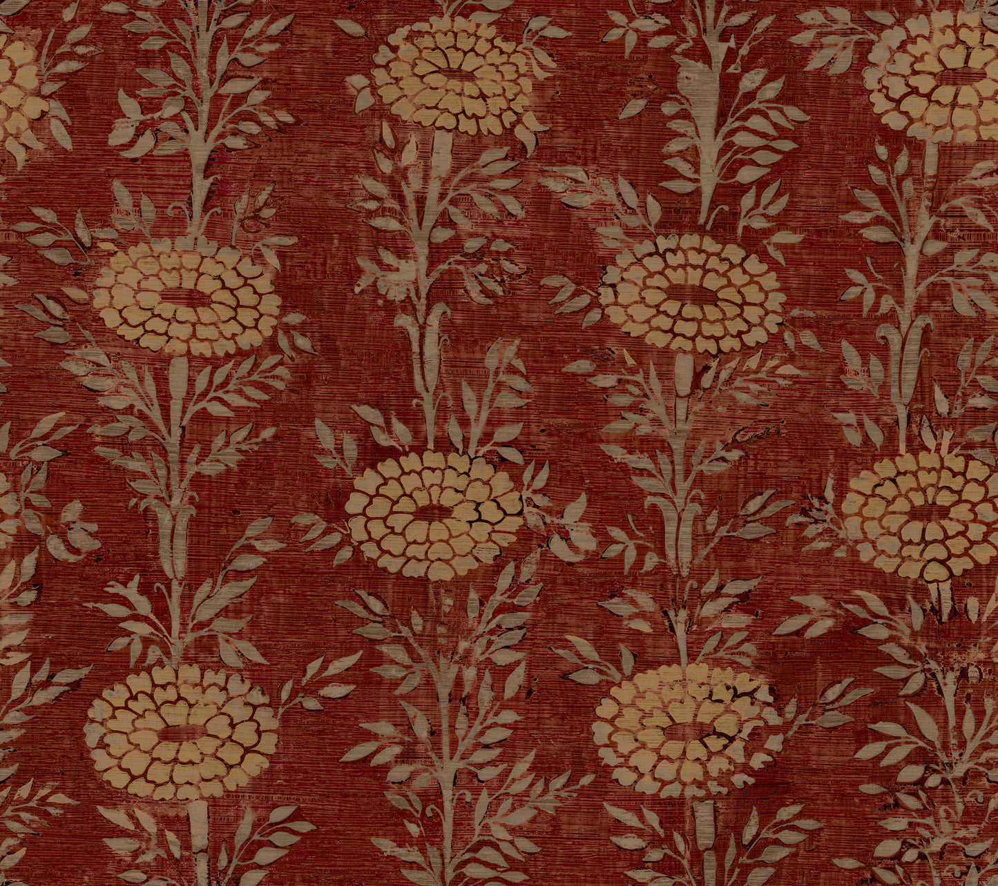 Red damask wallpaper with cream floral pattern, large beige blossoms and leafy stems.