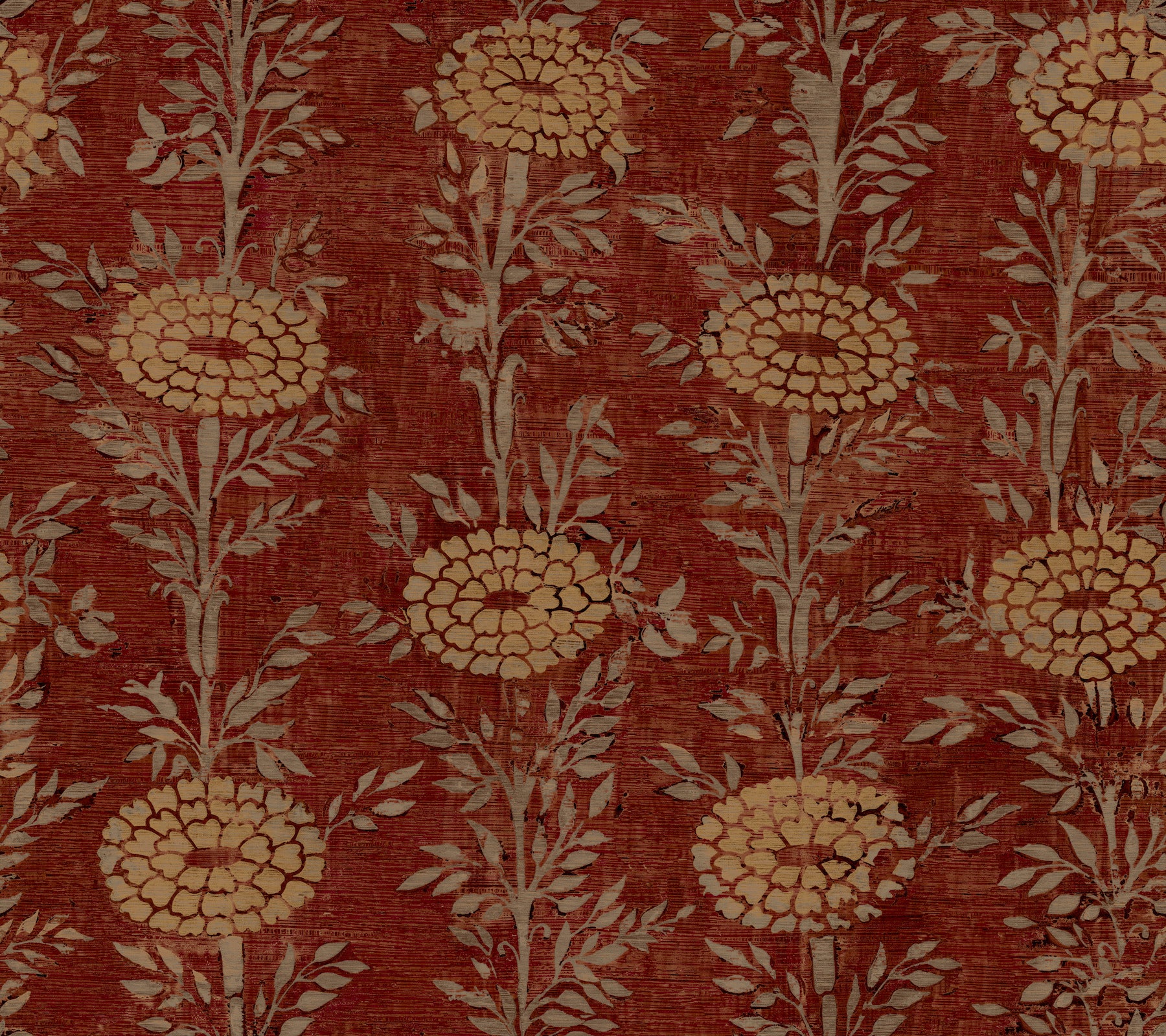 Red damask wallpaper with cream floral pattern, large beige blossoms and leafy stems.