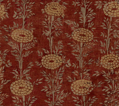 Red damask wallpaper with cream floral pattern, large beige blossoms and leafy stems.