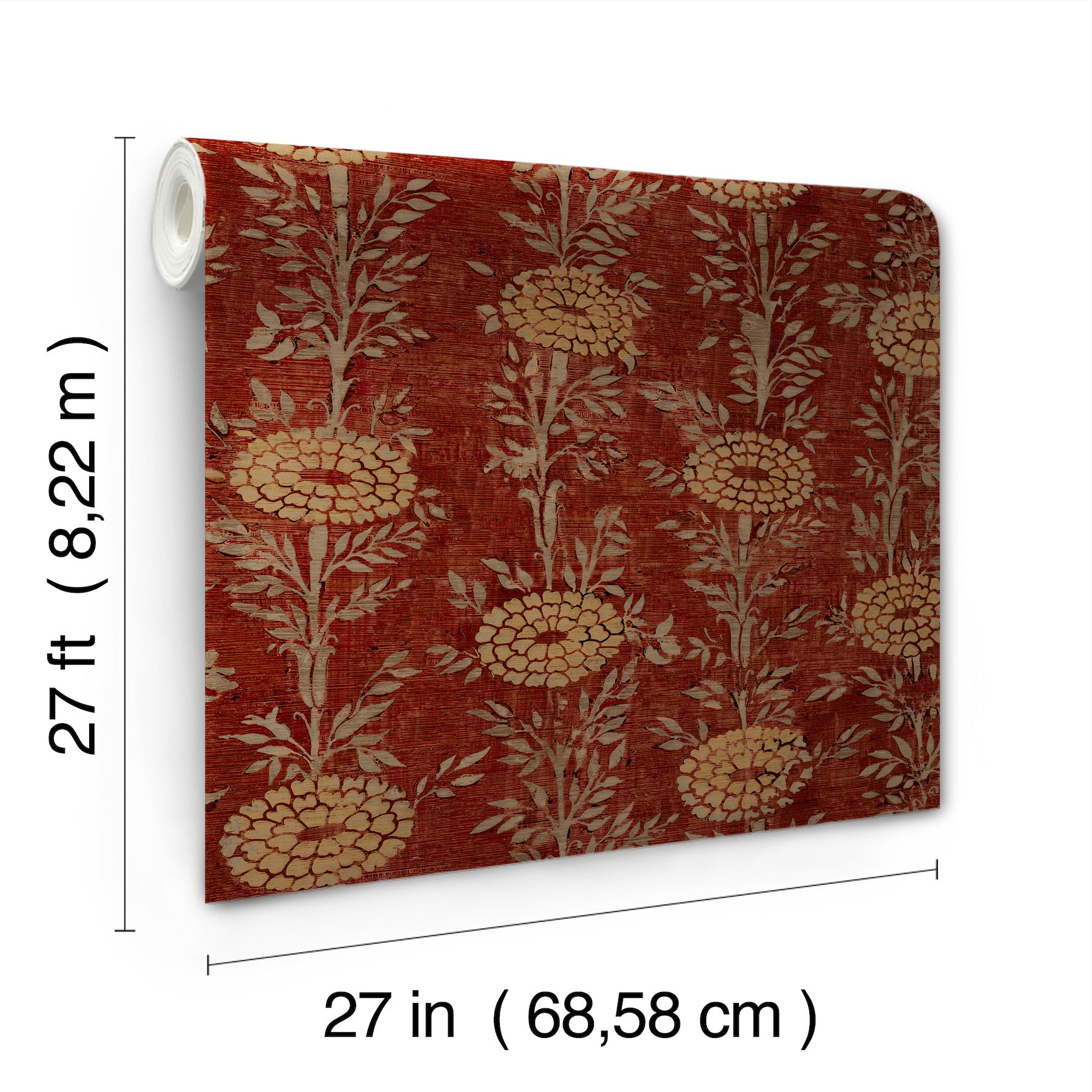 Red and gold wallpaper with floral motif, roll visible, 27 in wide by 27 ft long.
