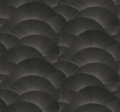 Dark charcoal wallpaper with overlapping scallop/fan shapes and radiating lines; a modern geometric wallcovering.