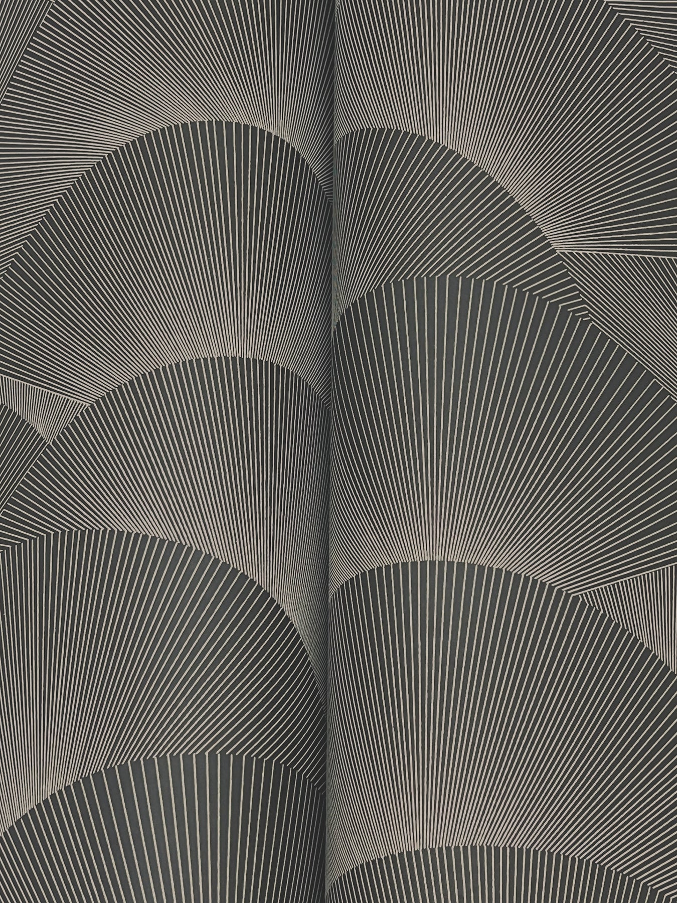 Detail view of grey wallpaper with overlapping fan-shaped arcs and radiating lines in a monochrome geometric pattern.