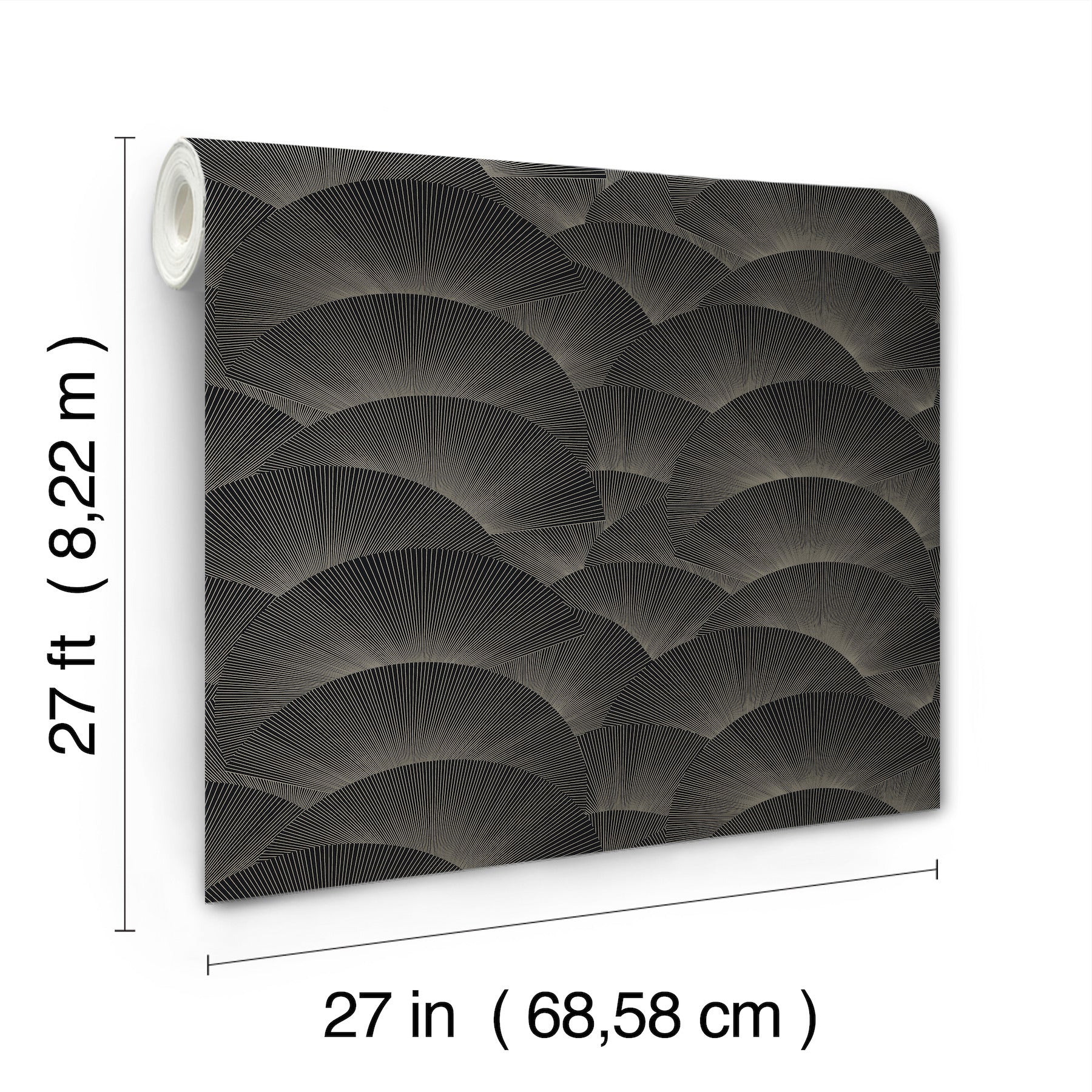 Dark gray scallop fan wallpaper roll with repeating geometric fans for a modern Art Deco accent wall