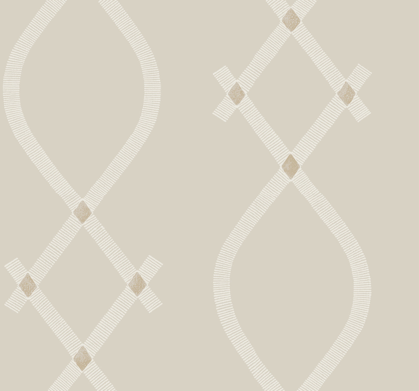 Light grey wallpaper featuring a curved lattice teardrop pattern with small diamond accents; a subtle geometric design.