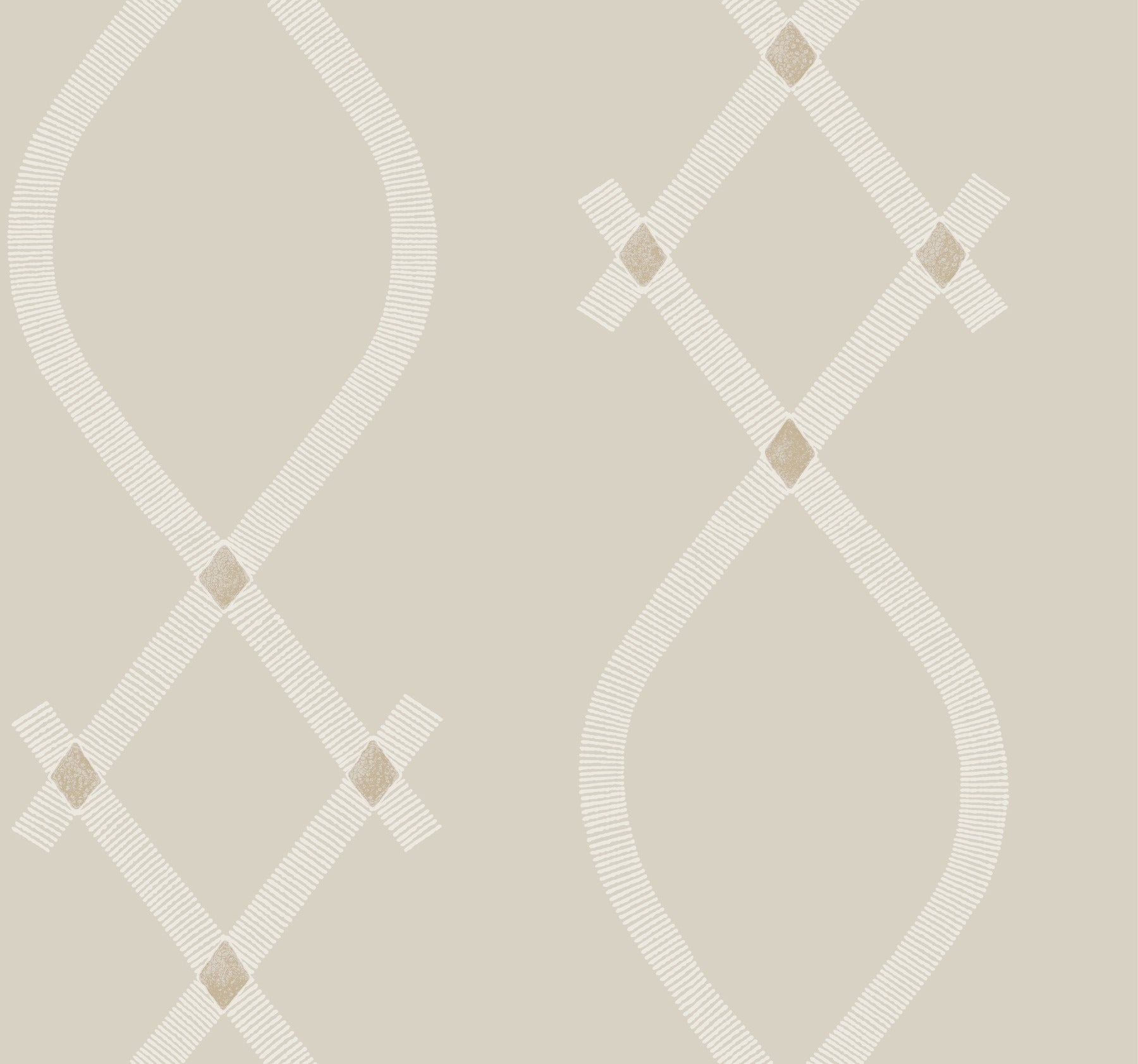 Light grey wallpaper featuring a curved lattice teardrop pattern with small diamond accents; a subtle geometric design.