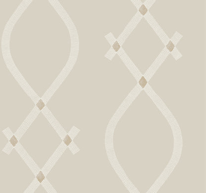 Light grey wallpaper featuring a curved lattice teardrop pattern with small diamond accents; a subtle geometric design.