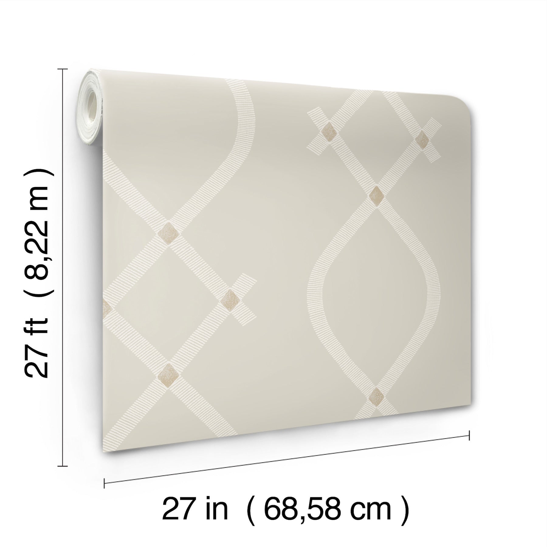Light grey wallpaper roll with a subtle lattice diamond geometric pattern and a soft matte finish; ideal interior wallcovering.