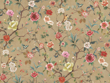 York Wallcoverings Tea Garden II Kimora's Garden Linen Wallpaper Traditional Florals Beiges   - ZA8037