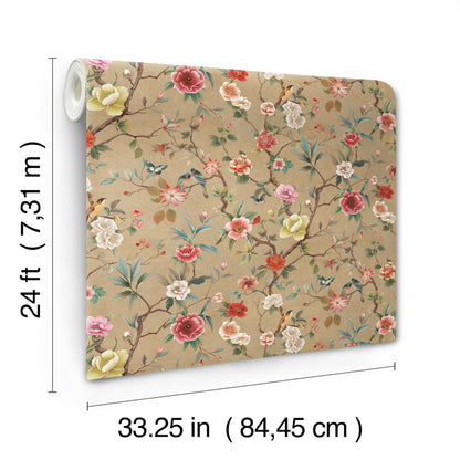 York Wallcoverings Tea Garden II Kimora's Garden Linen Wallpaper Traditional Florals Beiges   - ZA8037