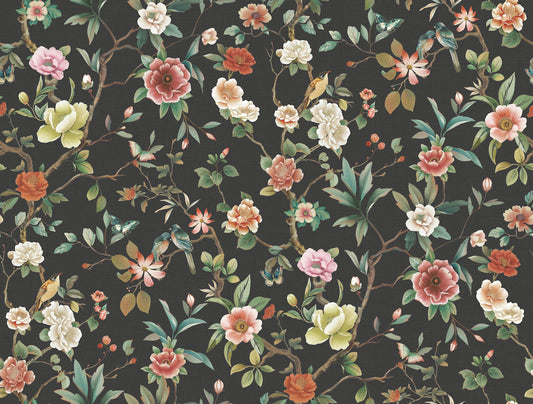 York Wallcoverings Tea Garden II Kimora's Garden Black Wallpaper Vintage Florals Blacks   - ZA8038