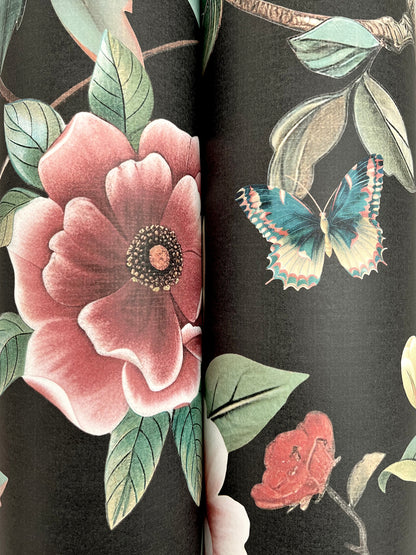 York Wallcoverings Tea Garden II Kimora's Garden Black Wallpaper Vintage Florals Blacks   - ZA8038