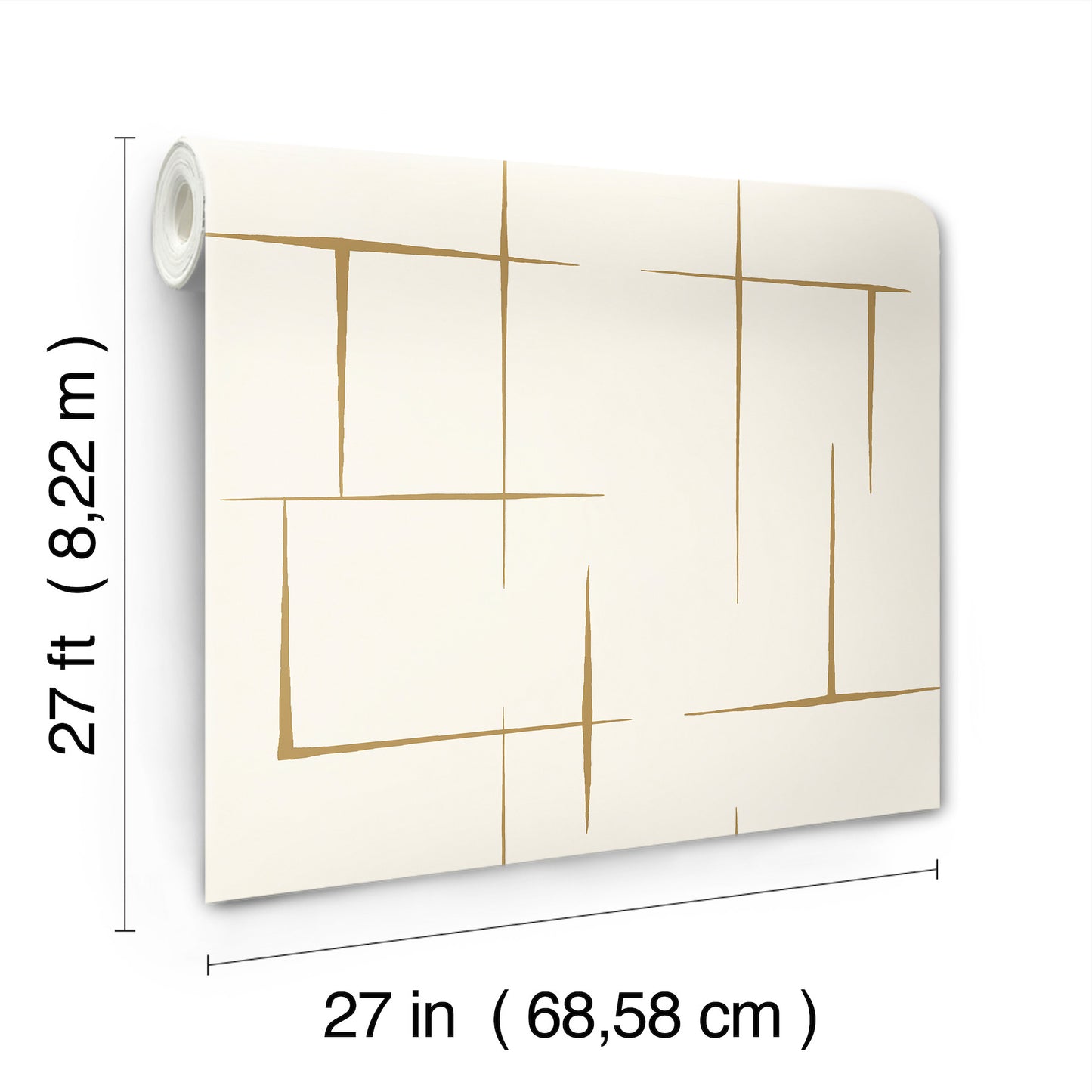White wallpaper with gold geometric lines, rolled at left; 27 in width by 27 ft length.