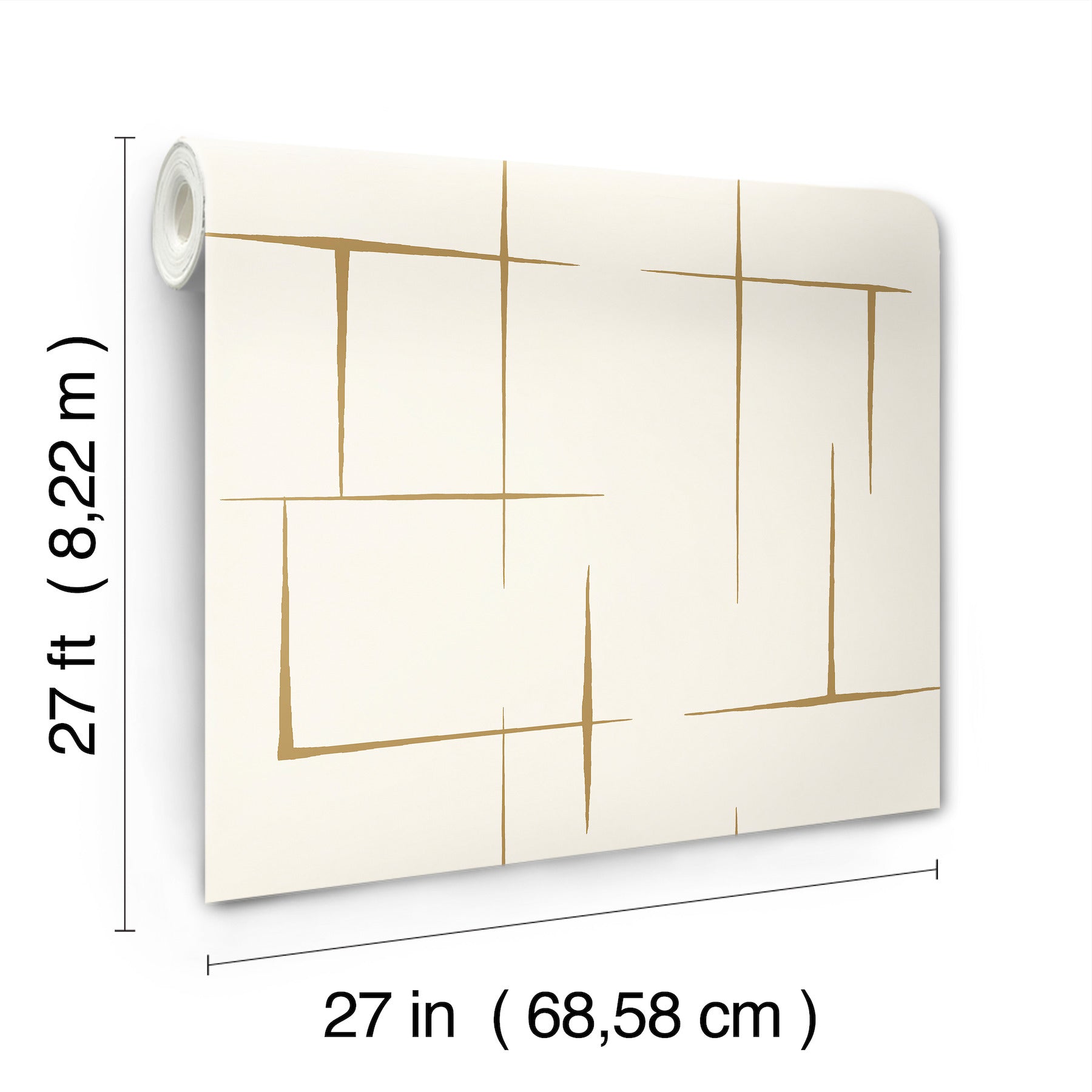 White wallpaper with gold geometric lines, rolled at left; 27 in width by 27 ft length.