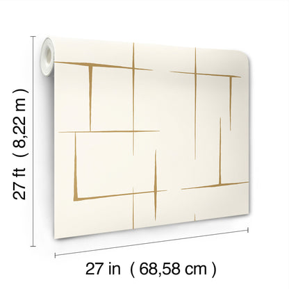 White wallpaper with gold geometric lines, rolled at left; 27 in width by 27 ft length.