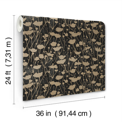 York Wallcoverings Tea Garden II Shimmering Poppies Black and Gold Wallpaper Modern Florals Blacks   - ZA8066