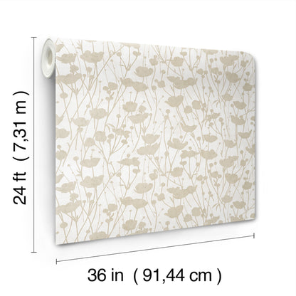 York Wallcoverings Tea Garden II Shimmering Poppies White and Gold Wallpaper Modern Florals Whites and Off-Whites   - ZA8069
