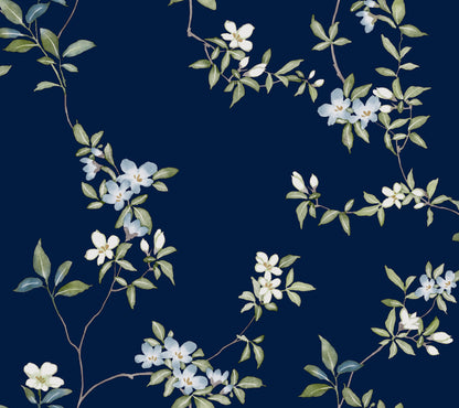 York Wallcoverings Tea Garden II April Blossom Navy Wallpaper Transitional Florals Blues   - ZA8071