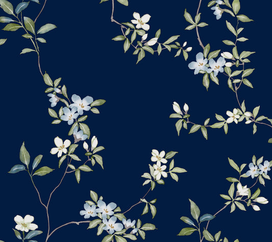 York Wallcoverings Tea Garden II April Blossom Navy Wallpaper Transitional Florals Blues   - ZA8071