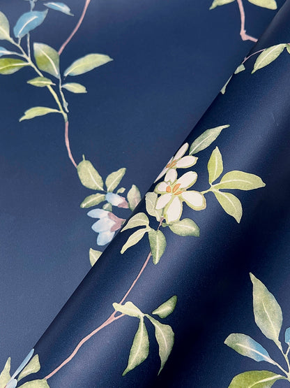 York Wallcoverings Tea Garden II April Blossom Navy Wallpaper Transitional Florals Blues   - ZA8071