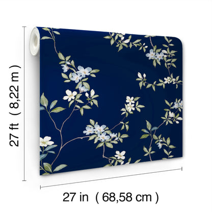 York Wallcoverings Tea Garden II April Blossom Navy Wallpaper Transitional Florals Blues   - ZA8071