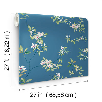 York Wallcoverings Tea Garden II April Blossom Cobalt Wallpaper Transitional Florals Blues   - ZA8072