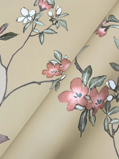 York Wallcoverings Tea Garden II April Blossom Sand Wallpaper Transitional Florals Beiges   - ZA8073