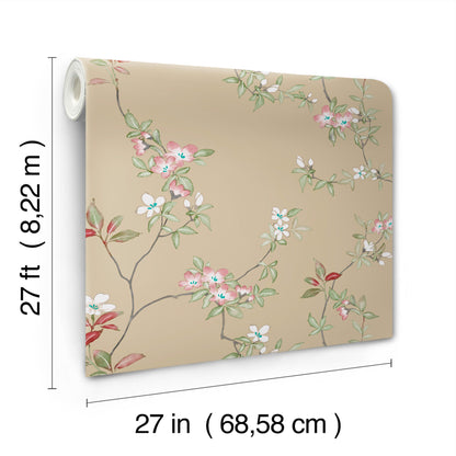 York Wallcoverings Tea Garden II April Blossom Sand Wallpaper Transitional Florals Beiges   - ZA8073