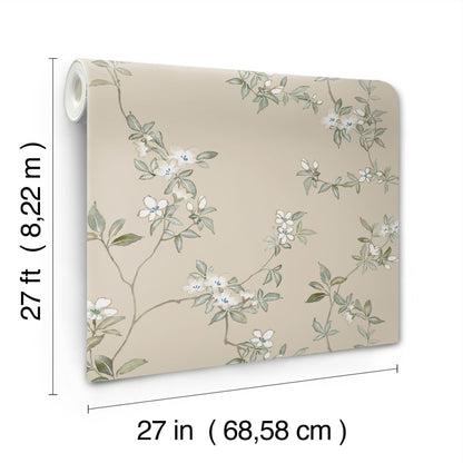 York Wallcoverings Tea Garden II April Blossom Taupe Wallpaper Transitional Florals Browns   - ZA8075