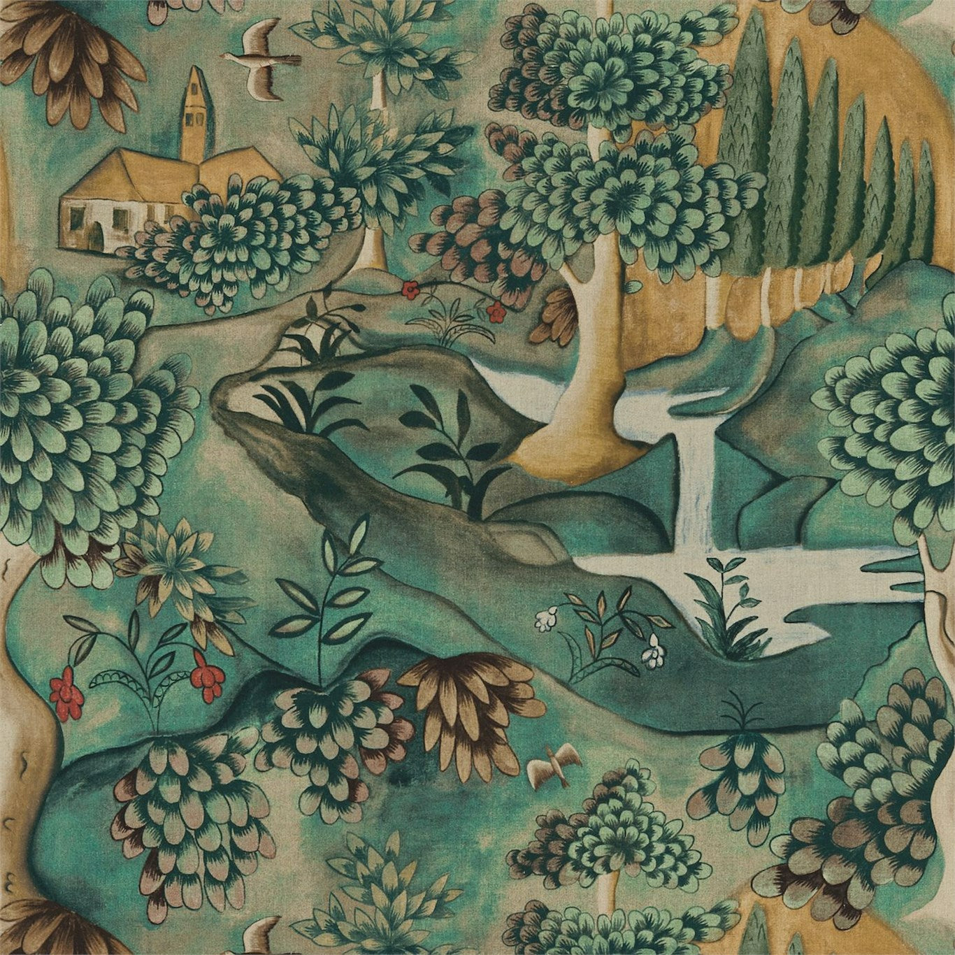 Green-toned tapestry featuring a decorative landscape with stylized trees, river, rocks, and a small village in a folk-art style.
