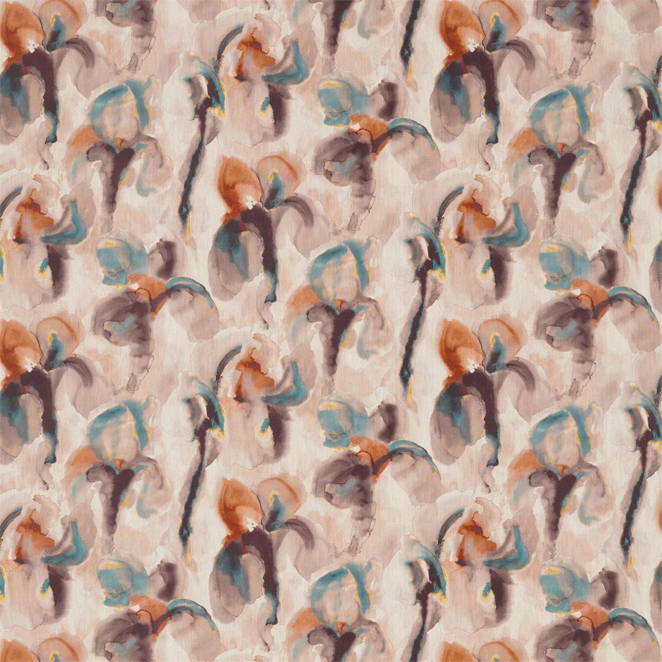Classic floral fabric pattern in peach, teal, orange and brown on beige; soft repeating textile print.