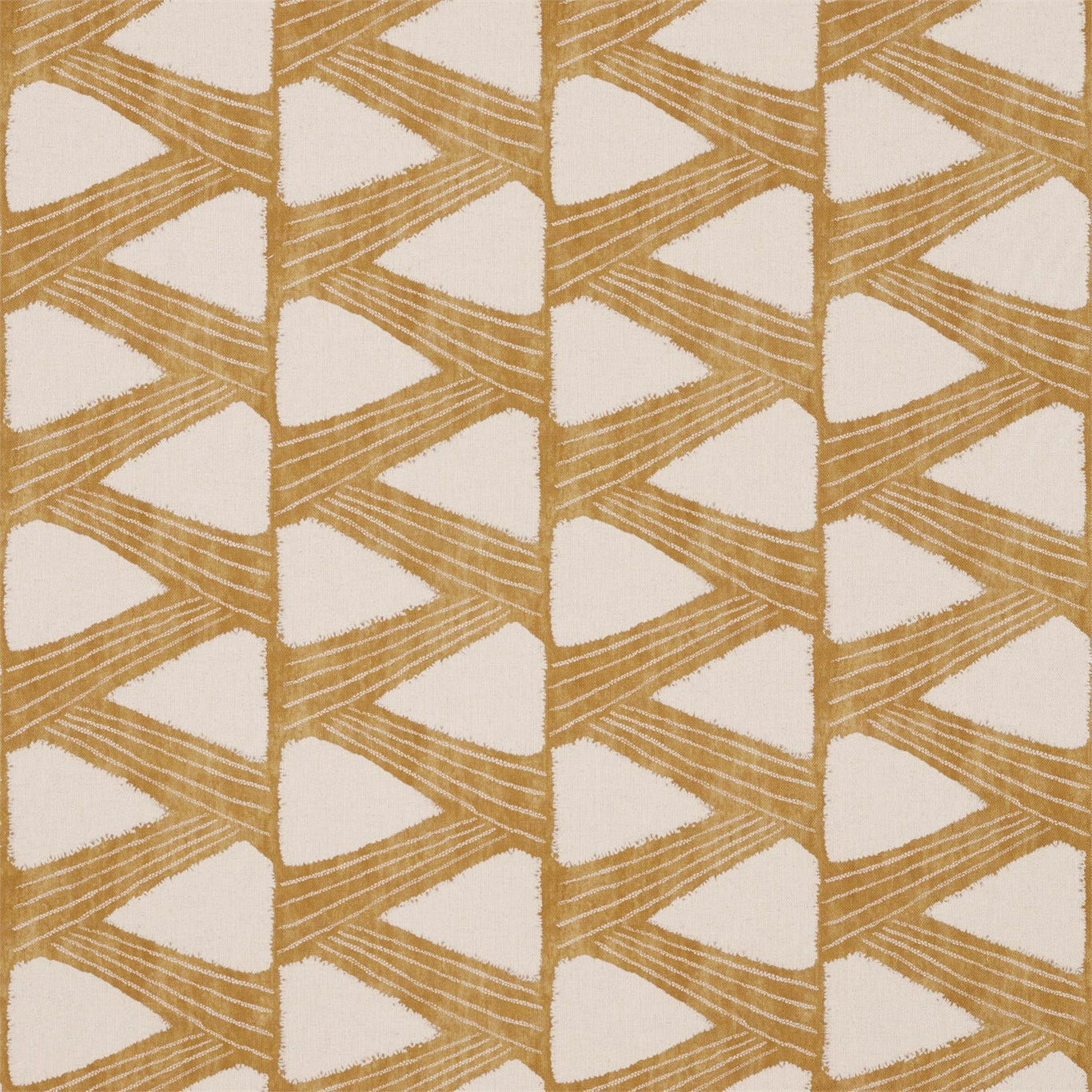 Warm beige and tan geometric fabric pattern with repeating triangles and parallel-line textures.