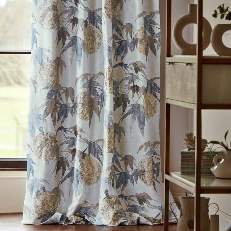 Close-up of Zoffany Acer “Charcoal / Stone” fabric showing detailed embroidery of trailing leaves and floral motifs on a charcoal silk-linen ground — ideal for drapery or custom upholstery.