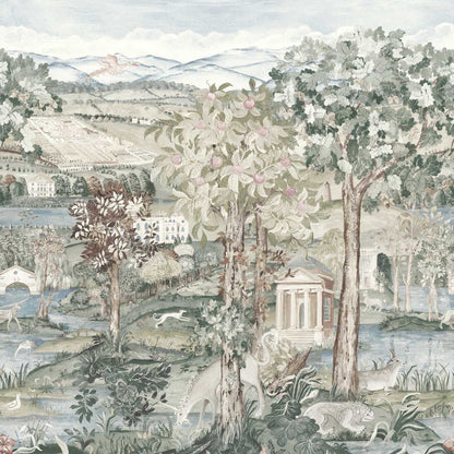 Arcadian Thames Mineral Zoffany wallpaper mural, luxury scenic wallpaper featuring hand painted riverside landscape with historic London architecture, neutral mineral tones, classic British interior design, elegant feature wall wallpaper for living room dining room and luxury home décor