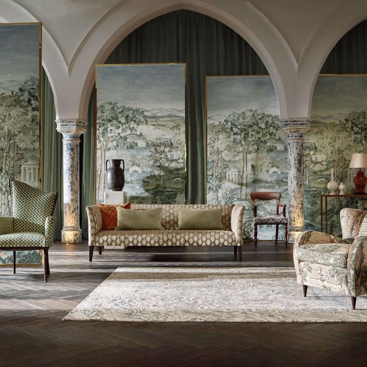 Arcadian Thames Mineral Zoffany wallpaper mural, luxury scenic wallpaper featuring hand painted riverside landscape with historic London architecture, neutral mineral tones, classic British interior design, elegant feature wall wallpaper for living room dining room and luxury home décor