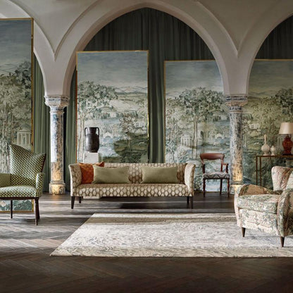 Arcadian Thames Mineral Zoffany wallpaper mural, luxury scenic wallpaper featuring hand painted riverside landscape with historic London architecture, neutral mineral tones, classic British interior design, elegant feature wall wallpaper for living room dining room and luxury home décor