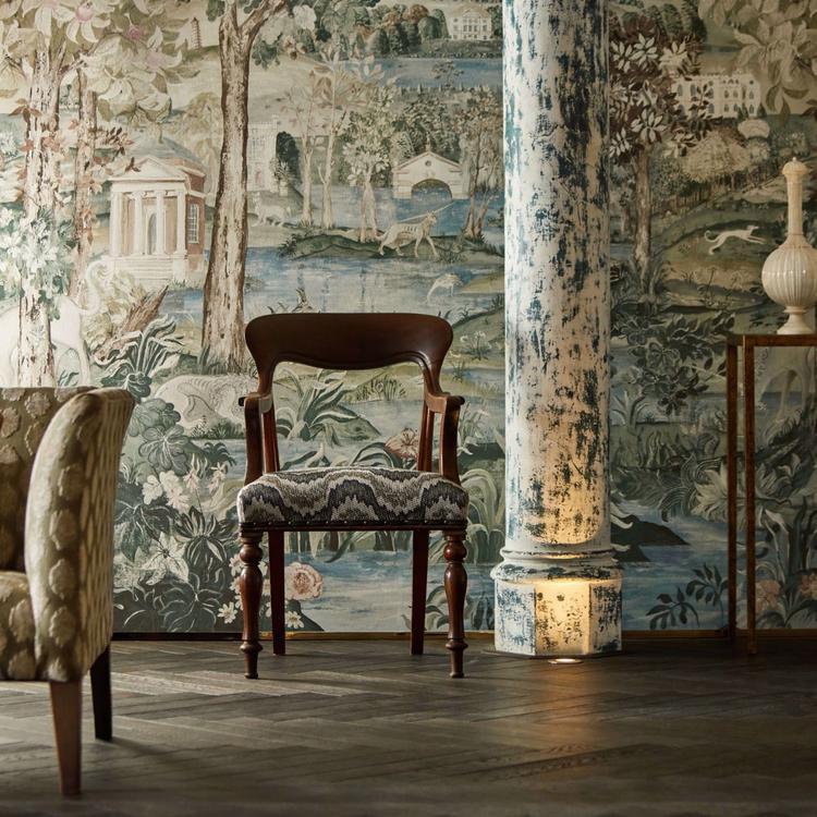 Arcadian Thames Mineral Zoffany wallpaper mural, luxury scenic wallpaper featuring hand painted riverside landscape with historic London architecture, neutral mineral tones, classic British interior design, elegant feature wall wallpaper for living room dining room and luxury home décor
