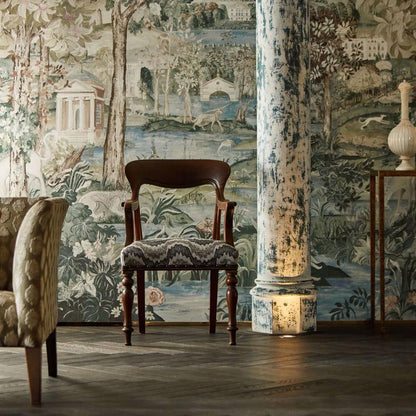 Arcadian Thames Mineral Zoffany wallpaper mural, luxury scenic wallpaper featuring hand painted riverside landscape with historic London architecture, neutral mineral tones, classic British interior design, elegant feature wall wallpaper for living room dining room and luxury home décor