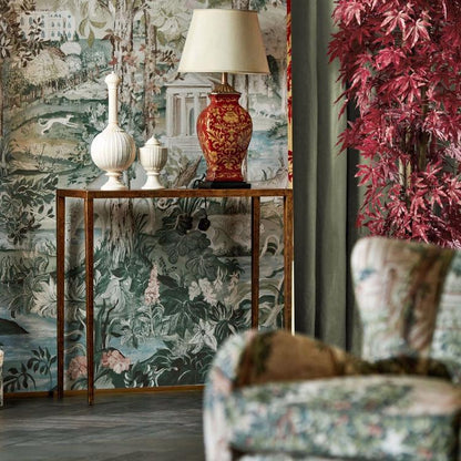 Arcadian Thames Mineral Zoffany wallpaper mural, luxury scenic wallpaper featuring hand painted riverside landscape with historic London architecture, neutral mineral tones, classic British interior design, elegant feature wall wallpaper for living room dining room and luxury home décor