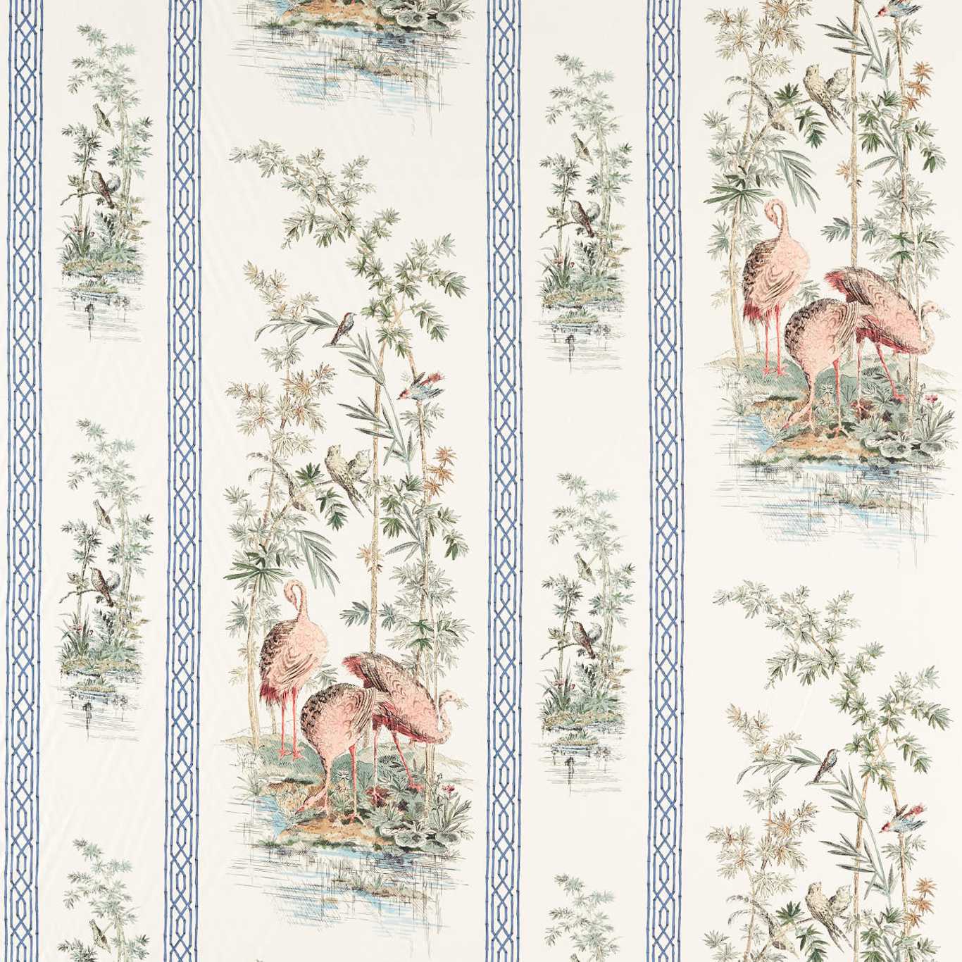 ZOFFANY Stork & Thrushes Fabric Birds Tuscan Pink, Cobalt   - ZCOT322747