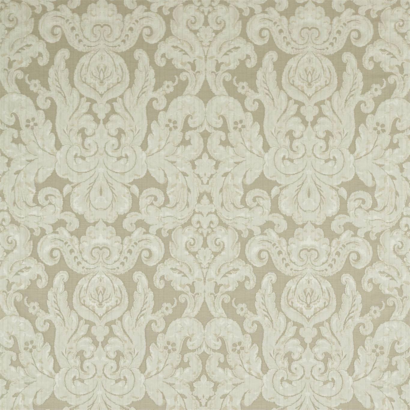 Beige damask fabric with ornate cream scrollwork on taupe background; vintage traditional damask pattern in stone tones.