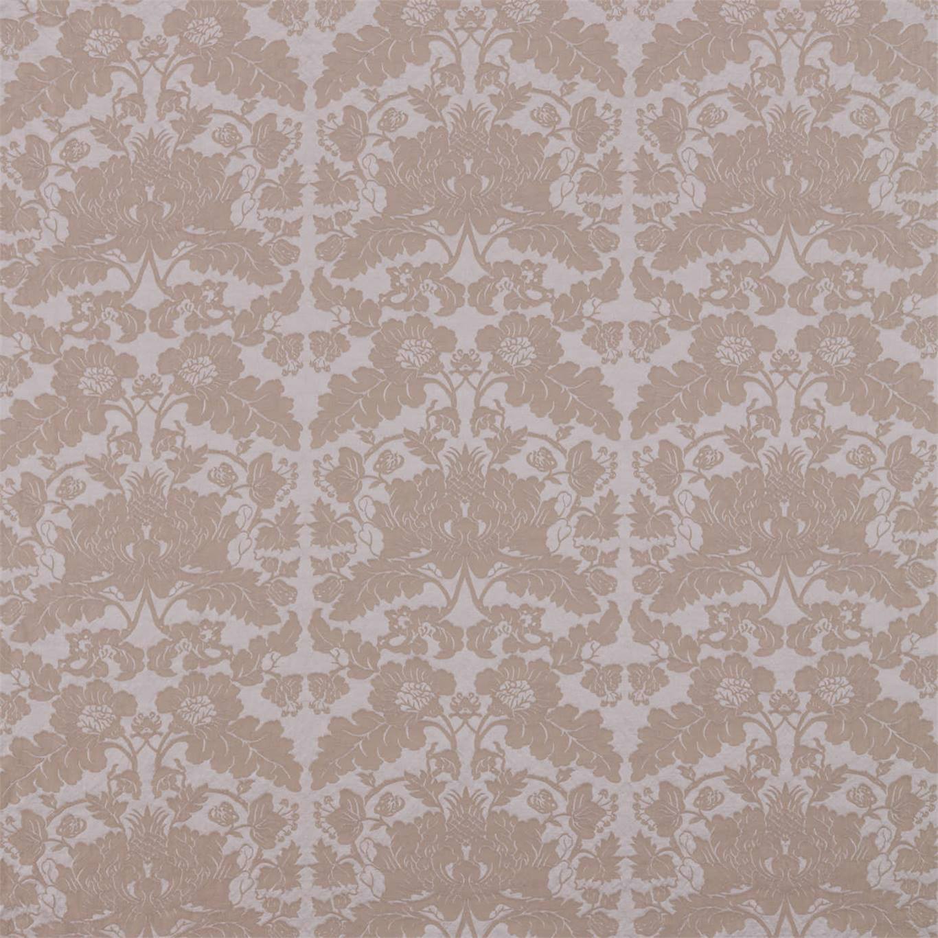 Beige damask fabric with repeating ornate floral motifs on a rose quartz background.