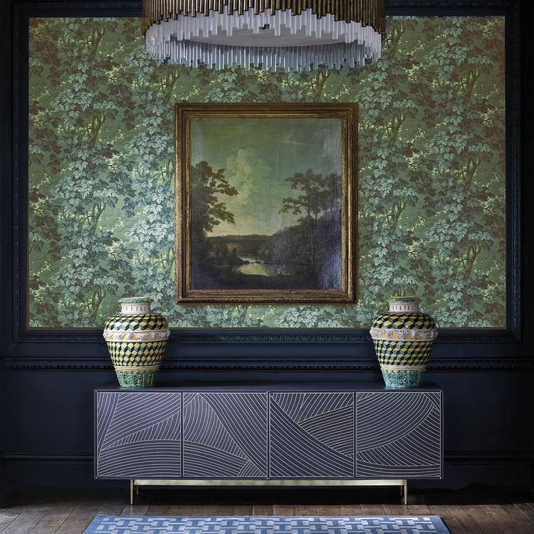 Zoffany Richmond Park wallpaper in evergreen colorway featuring scenic landscape design with trees and natural greenery, luxury mural wallpaper, classic English countryside wallcovering, traditional interior design wallpaper, elegant green wallpaper for living room and dining room, high-end designer wallpaper, heritage style wall mural, refined nature-inspired decor, Zoffany wallcovering Richmond Park collection